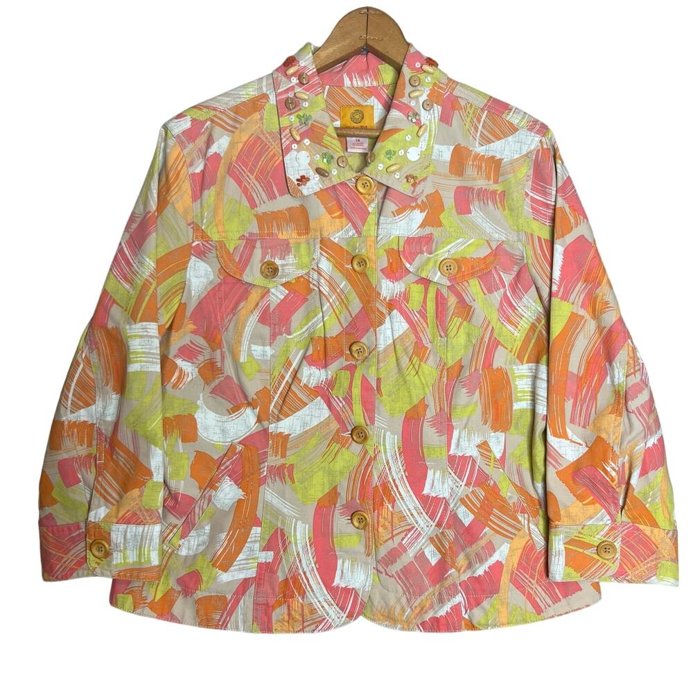 Ruby Rd Sz 14 Colorful Tropical Beaded Cotton Jacket Wood Button Coastal Casual